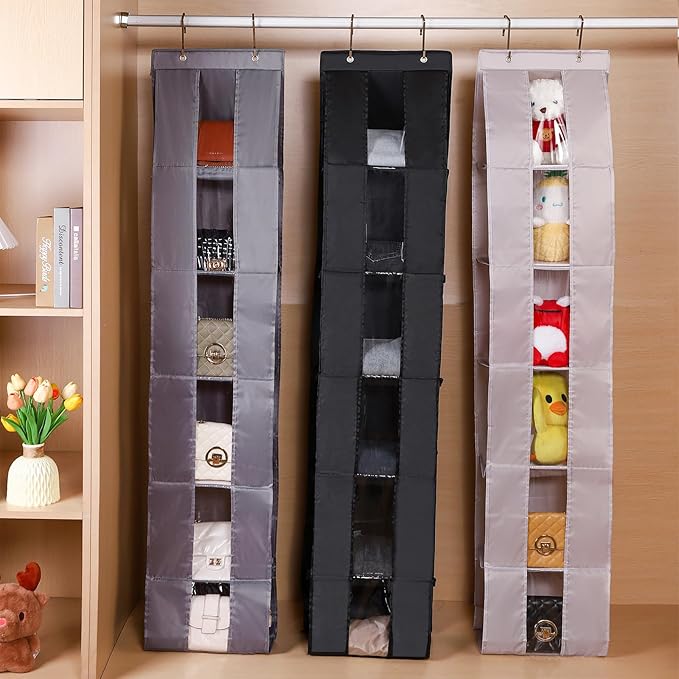 Over The Door Purse Organizer, 6-Pocket Hanging Storage for Handbags, 62.2x10.24 Inch, Space-Saving Closet Organizer with Metal Hooks, Gray (Black)