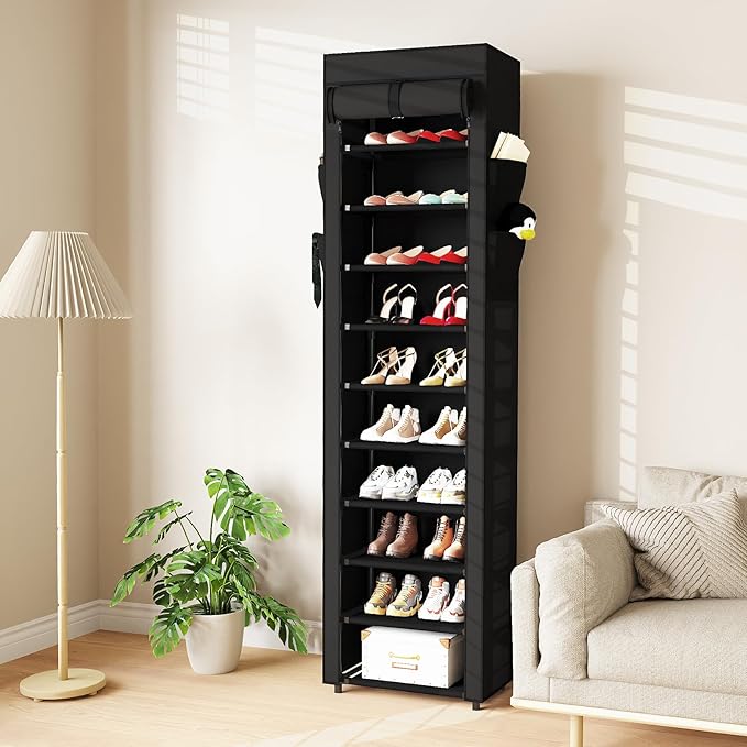 Mavivegue Shoe Rack with Cover, 10 Tier Tall Shoe Organizer for 18-22 Pairs of Shoes, Shoe Organizer with 4 Side Pockets, Shoe Cabinet for Entryway, Closet