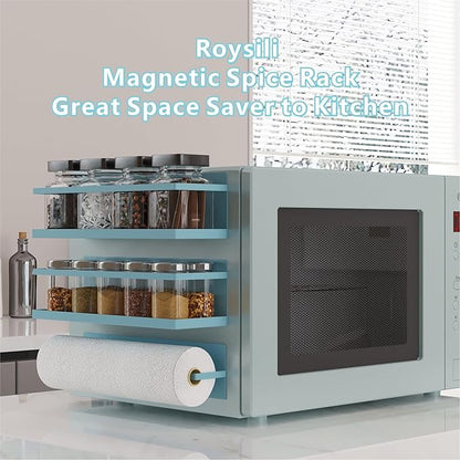 Magnetic Spice Rack For Refrigerator, Space Saving Magnetic Shelf For Fridge Blue 4 Pack With Magnetic Paper Towel Holder
