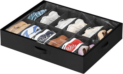 Lifewit Under Bed Shoe Storage Organizer 1 Pack(12 Shoes Cells), 4.3 Inches Profile Fabric Shoes Container Box with Clear Cover, Foldable Storage Bag with 2 Handles, Fits 6 to 12 Pairs
