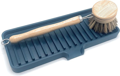 Silicone Soap Dish Tray and Sponge Holder with Drain Chute, Rectangular, Kitchen and Bathroom Sink Organizer (Smoky Blue, 9"x3.5")