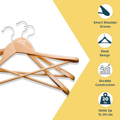Lifemaster Solid Wooden Hanger Set - 10 Pieces Non-Slip Versatile Closet Space-Saving Hanger Set for Suit, Coat, Camisole, Jacket, Pants, and Dresses with 360° Swivel Hook