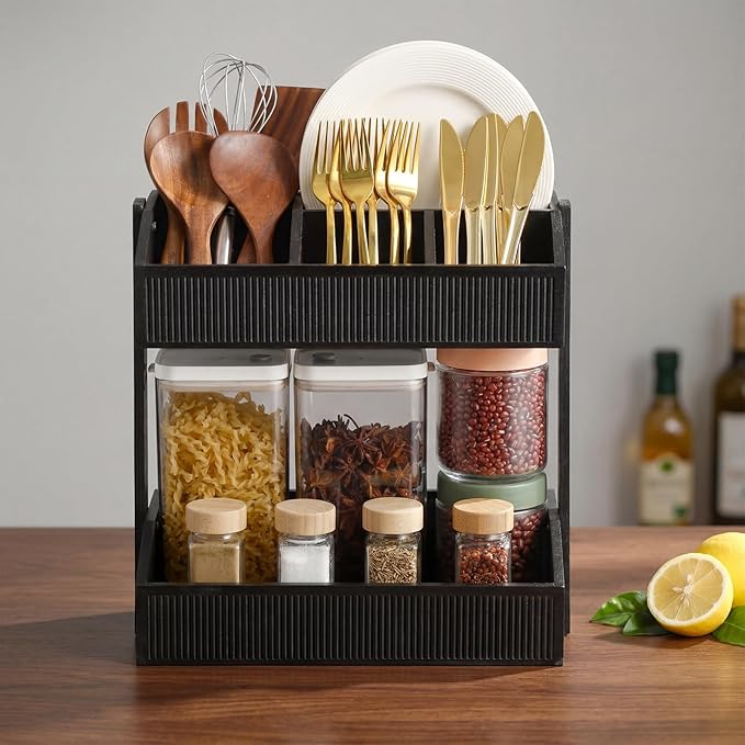 Novabright 2 Tier Paper Plate Dispenser for Kitchen Counter, Paper Plate Organizer, Rustic Wooden Utensil Holder for Party Countertop Cutlery Flatware Storage Rack for Napkin Cup Spoon Fork(Black)