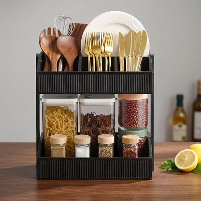 Novabright 2 Tier Paper Plate Dispenser for Kitchen Counter, Paper Plate Organizer, Rustic Wooden Utensil Holder for Party Countertop Cutlery Flatware Storage Rack for Napkin Cup Spoon Fork(Black)