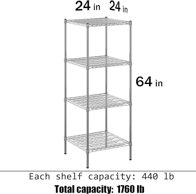 24" Deep x 24" Wide x 64" Height Wire Shelving Kit | 4-Tier | NSF Commercial Storage Rack Unit