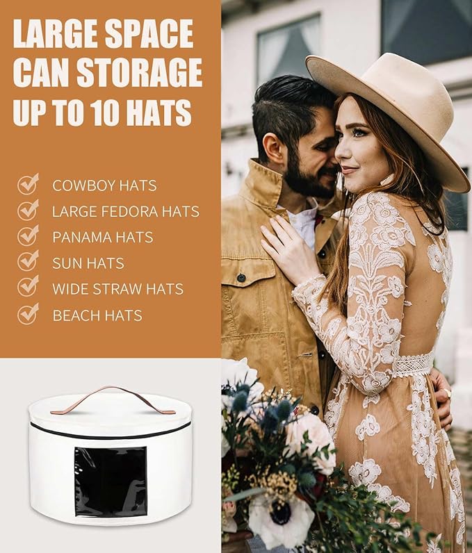 Hat Box, Travel Hat Storage Box, Foldable Space-saving Hats Boxes Organizer for Men & Women Storage, Stackable Hats Carrier Case for Round Brim, Cowboy, Panama, Tweed Caps - White