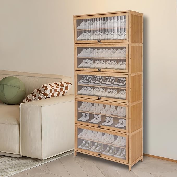 10 Tiers Shoe Storage Cabinet,Bamboo Shoes Shelf Organizer,Shoe Rack with Transparent Acrylic Cabinet Door,Free Standing Shoes Shelf for Entryway Bedroom,31.5 * 12.6in,Brown (Brown)