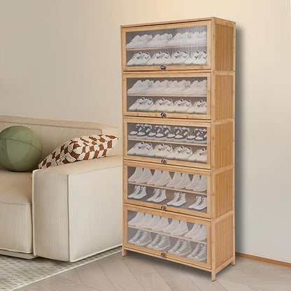10 Tiers Shoe Storage Cabinet,Bamboo Shoes Shelf Organizer,Shoe Rack with Transparent Acrylic Cabinet Door,Free Standing Shoes Shelf for Entryway Bedroom,31.5 * 12.6in,Brown (Brown)