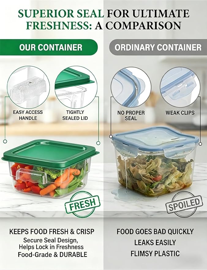 4 Pack 2QT Food Storage Containers with Green Lids, Clear Square Restaurant Commercial Food Storage Containers with Handle and Scale, Marinating Container Dough Rising Bucket for Home & Dining