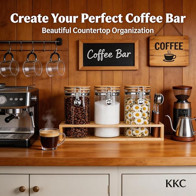 KKC Glass Coffee Container Set of 3 with Bamboo Lids & Spoons | 40oz Airtight Coffee Bar Accessories & Organizer for Countertop | Clear Sugar and Coffee Canister Set for Ground Beans & Tea