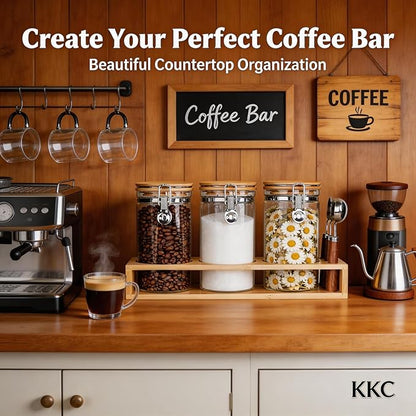 KKC Glass Coffee Container Set of 3 with Bamboo Lids & Spoons | 40oz Airtight Coffee Bar Accessories & Organizer for Countertop | Clear Sugar and Coffee Canister Set for Ground Beans & Tea