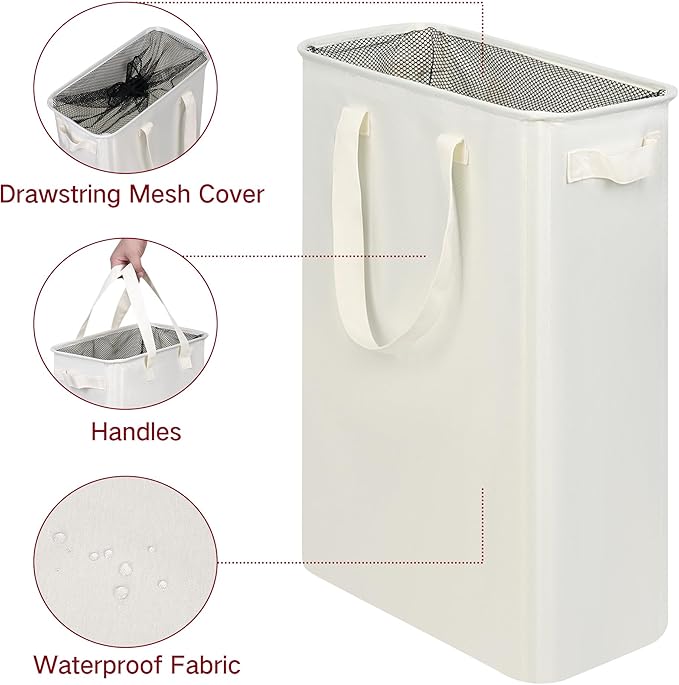 efluky Slim Laundry Basket, Narrow Laundry Hamper with Handles, Collapsible Dirty Clothes Hamper, Tall Laundry Bin for Laundry Room, Dorm and Bedroom, 12.7 Gallons(48L) Beige