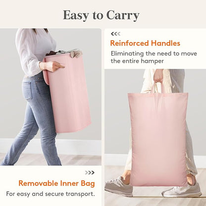 Lifewit Slim Laundry Basket with Lid, Narrow Large Laundry Hamper with Plastic Handles and Removable Bag, Tall Foldable Dirty Clothes Hampers for Laundry Room, Bedroom, Bathroom, Dorm, 65L Pink