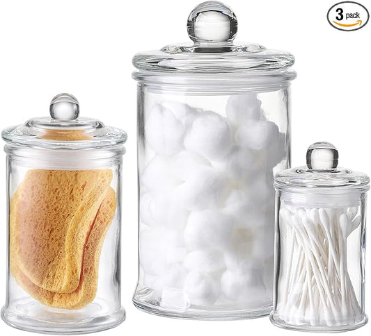 Glass Apothecary Jars with Lids – Set of 3 Clear Bathroom Storage Containers for Cotton Balls, Swabs & Accessories, Decorative Vanity Organizer