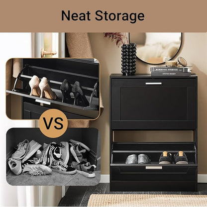Haotian Shoe Cabinet Storage for Entryway, Narrow Shoe Cabinet with Two Flip Drawers to Save Space, Shoe Rack Cabinet for Front Door Entrance Hallway (Black)