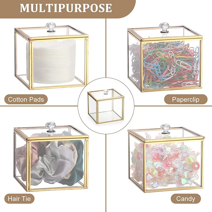 Hipiwe Glass Q-tip Holder Gold Cotton Swab Organizer Bathroom Dispenser with Lid Qtip Canister for Cotton Ball Pads Glass Vanity Box for Countertop Storage and Organization
