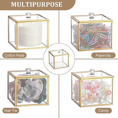 Hipiwe Glass Q-tip Holder Gold Cotton Swab Organizer Bathroom Dispenser with Lid Qtip Canister for Cotton Ball Pads Glass Vanity Box for Countertop Storage and Organization