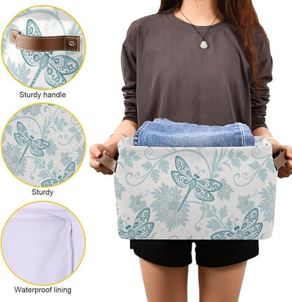 Foldable Storage Baskets Set of 2, Parsley Dragonfly Storage Bins with Handles, Decorative Cloth Organizer Storage Boxes for Home|Office 15 x 11 x 9.5 in