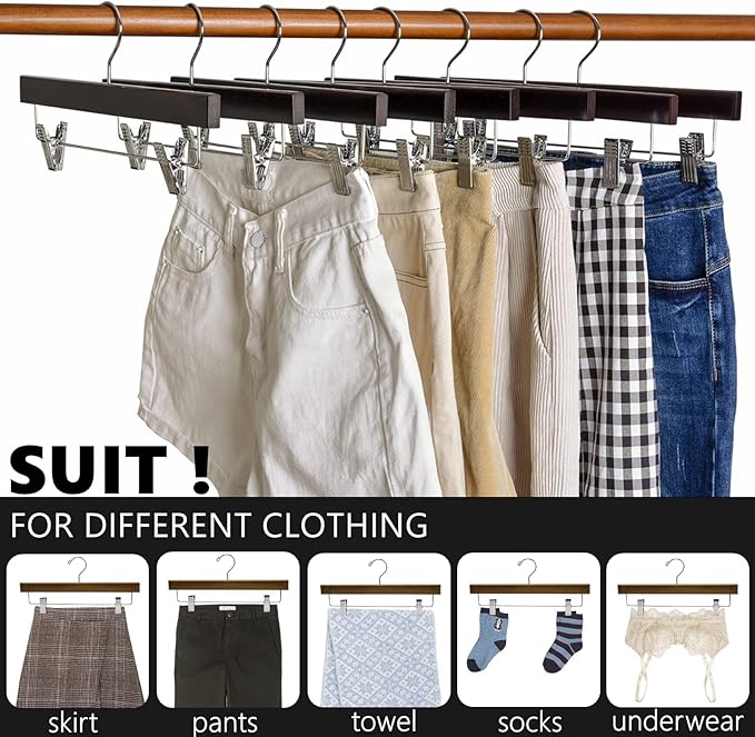 Amber Home 10 Pack Walnut Wooden Pants Hangers with Clips, 14" Wood Skirt & Trousers Hangers, Closet Hangers for Jeans, Slacks, Shorts, with 2-Adjustable Clips (Vintage, 10)