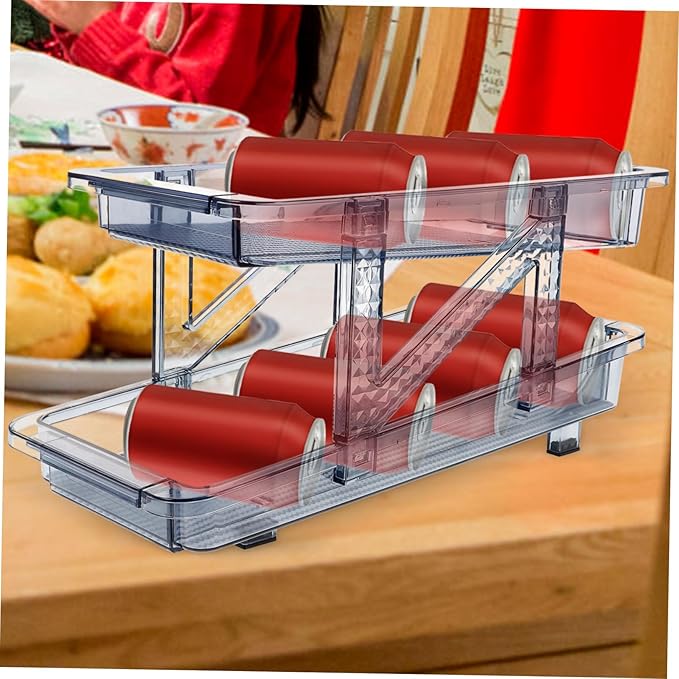 Mikinona Double Tier Can Organizer for Refrigerator Beverage Holder Rack for Easy Access Rolling Drinks Dispenser for Cans and Bottles for Soda Beer and Wine Storage