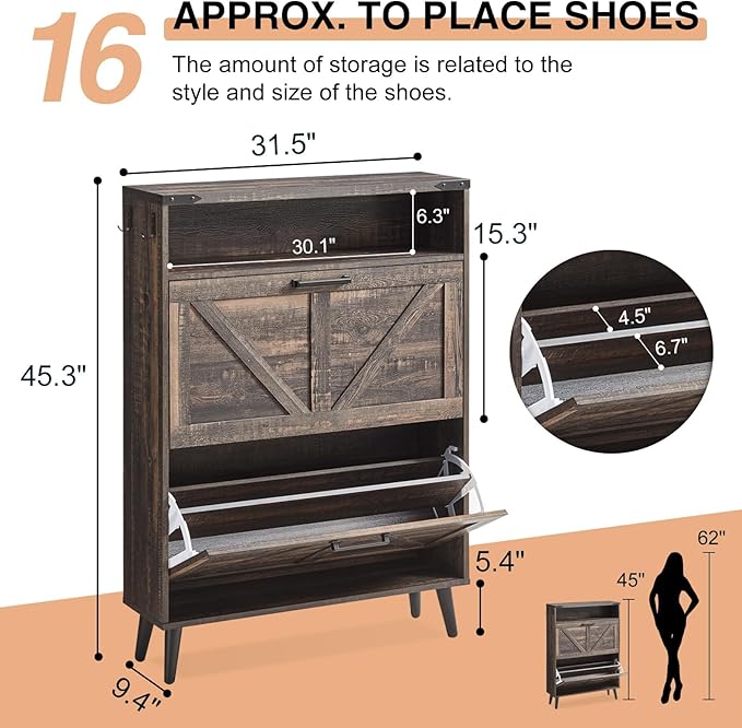 Barnyatoh Shoe Storage Cabinet,Farmhouse Shoe Organizer with 2 Flip Drawers & Barn Door Design,Freestanding Hidden Slim Narrow Shoe Rack Cabinet with Open Storage for Entryway, Foyer,Hallway, Dark oak