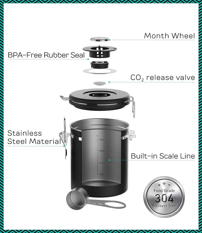 Coffee Gator Coffee Canister, Airtight Stainless Steel Kitchen Food Storage Container with Date Tracker, Scoop for Sugar, Grounds Coffee, Beans,Tea, Sugar, Cereal, Flour, Cookies Jars (Black, 16oz)