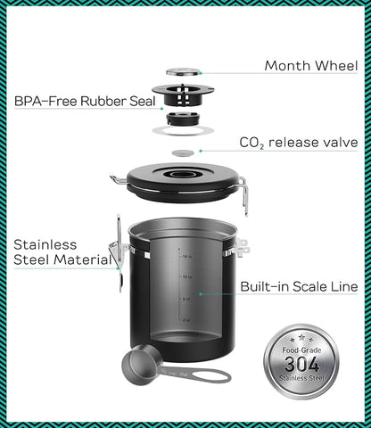 Coffee Gator Coffee Canister, Airtight Stainless Steel Kitchen Food Storage Container with Date Tracker, Scoop for Sugar, Grounds Coffee, Beans,Tea, Sugar, Cereal, Flour, Cookies Jars (Black, 16oz)