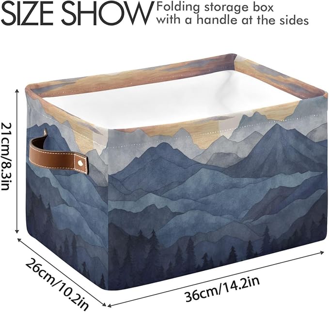 YETTASBIN Nature Mountain Storage Basket 2pc, Large Collapsible Toys Clothes Organizer, Durable Canvas Storage Bin with Handle for Shelves Closet Laundry Home Office Decor