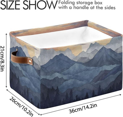 YETTASBIN Nature Mountain Storage Basket 2pc, Large Collapsible Toys Clothes Organizer, Durable Canvas Storage Bin with Handle for Shelves Closet Laundry Home Office Decor