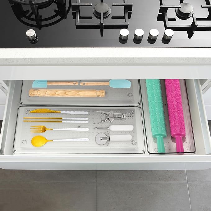 6 Pcs Large Clear Plastic Drawer Organizers Tray 15" x 6.3" Storage Bins with 25 Pcs Non-Slip Pads for Makeup, Jewelries, Kitchen Utensils, Bathroom and Office