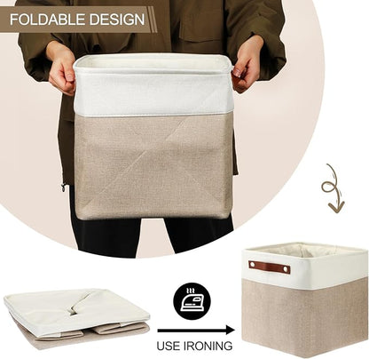 Uiifan 10 Pcs Collapsible Storage Bins Fabric Foldable Storage Basket with Handles Cloth Organizer Linen Shelf Baskets for Shelves Home Closet Nursery Toys(12 x 12 x 12 Inch,Beige and White)