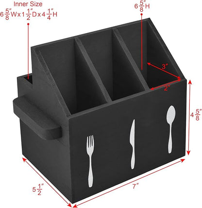 Ikee Design Wooden Utensil Caddy with Handles, Silverware Caddy, Silverware Holder for Countertop,Party,Camping and Kitchen, Organizer, Picnic Cutlery Holders, Black Color