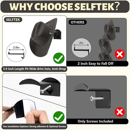 SelfTek 2.9 Inch Cowboy Hat Rack for Wall - 8 Pack Hat Hooks & Holder Hanger, Heavy Duty Adhesive Wall Mount, Western Room Decor for Baseball Cowboy, Sun Hats, Fedora, Wide Brim Hats (Black)