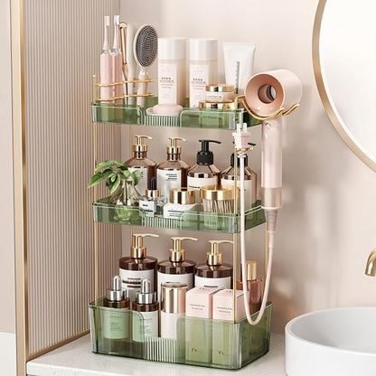 Bathroom Counter Organizer for Vanity, Makeup Organizer Countertop with Holder, Large Capacity Storage Rack, Perfect Large Skincare, Hair Care, Perfume, Easy to Install (Green, 3Tiers)