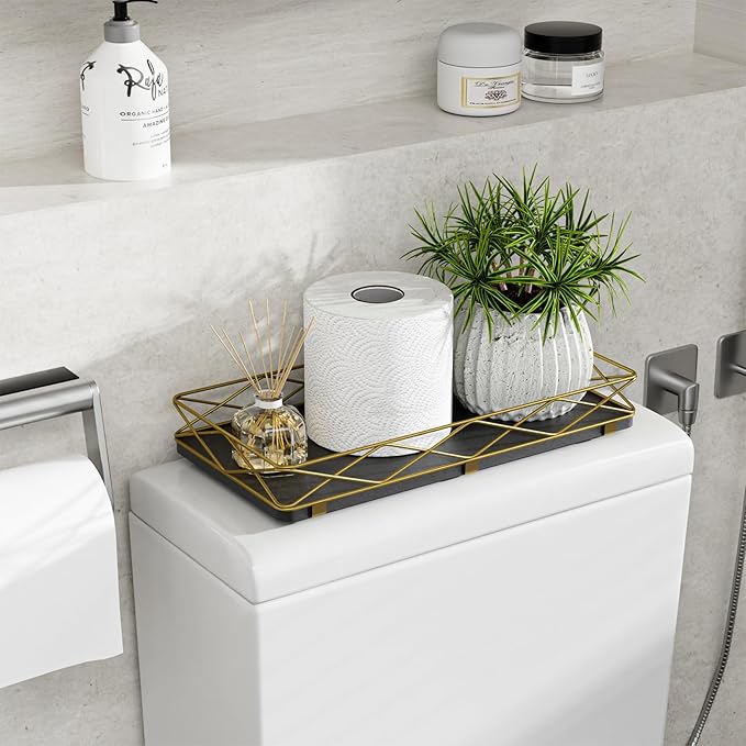 Lixple Toilet Paper Basket Holder, 13" Toilet Tank Tray, Wood and Metal Toilet Tray Vanity Organizer Bathroom Tray, Kitchen Sink Organizer for Soap Dispenser (Black + Gold)