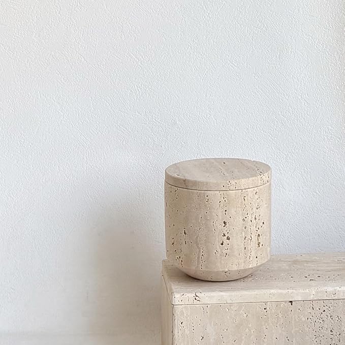 Natural Marble Hole Stone Cosmetic Cotton Swab Sundry Small Tank Storage Box Jar with Lid (Yellow Travertine)