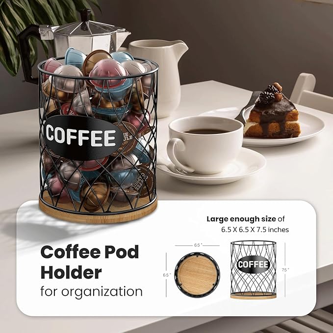 Coffee Pod Holder for K Cups – K Cup Organizer with Metal Wire and Bamboo Base, Large Capacity Coffee Pod Storage for Countertop, Coffee Bar or Kitchen, Pod Holder for K-Cup Style Capsule
