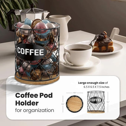 Coffee Pod Holder for K Cups – K Cup Organizer with Metal Wire and Bamboo Base, Large Capacity Coffee Pod Storage for Countertop, Coffee Bar or Kitchen, Pod Holder for K-Cup Style Capsule