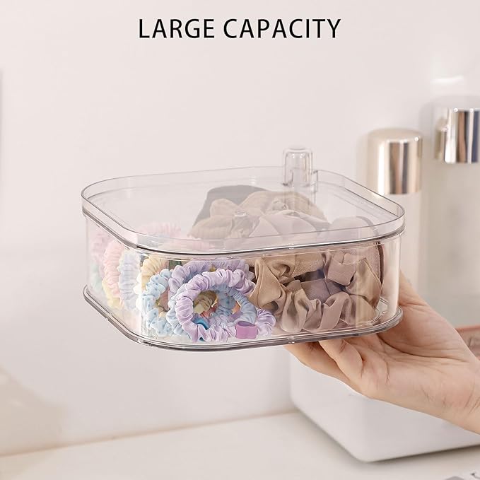 FABROK Large Rotating Hair Accessories Organizer for Girls, Clear Hair Product Holder for Women Headbands, Scrunchies, Clip, Ties, Brushes, Plastic Vanity Storage Box for Jewelry and Makeup