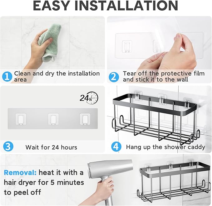 12 Pack Shower Caddy Adhesive Replacement, Waterproof Shower Shelf Adhesive Strips, Strong Adhesive Flat Hooks for Bathroom Storage Shelves and Kitchen Racks No Drilling, Clear