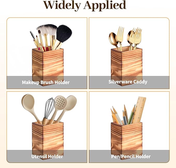 Wood Utensil Holder Silverware Caddy with Metal Rack Detachable Utensil Caddy for Party Flatware Organizer for Kitchen Forks Spoons Knives Storage