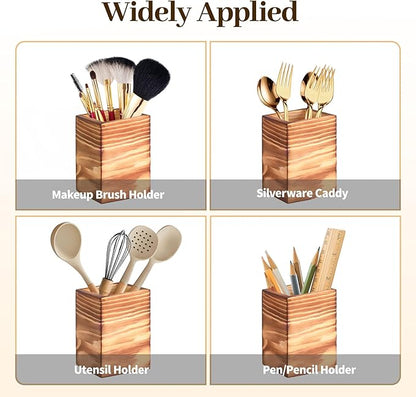 Wood Utensil Holder Silverware Caddy with Metal Rack Detachable Utensil Caddy for Party Flatware Organizer for Kitchen Forks Spoons Knives Storage