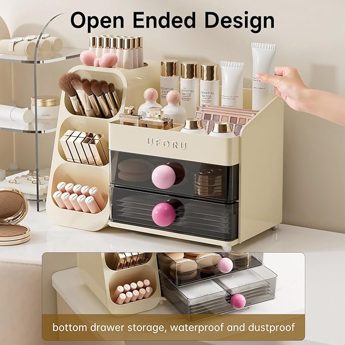 Makeup Organizer for Vanity with Brush Holder, Large Capacity Bathroom Countertop Skincare Organizer with 2 Drawers, Cosmetic Display Case for Perfumes, Eyeshadow Palettes, Nail Polishes