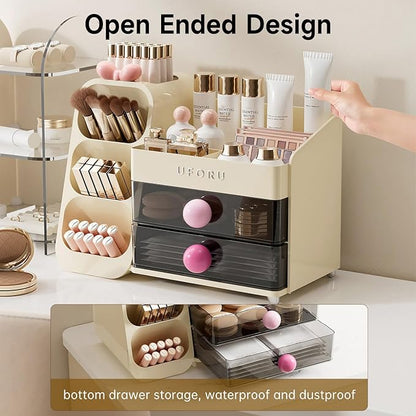 Makeup Organizer for Vanity with Brush Holder, Large Capacity Bathroom Countertop Skincare Organizer with 2 Drawers, Cosmetic Display Case for Perfumes, Eyeshadow Palettes, Nail Polishes