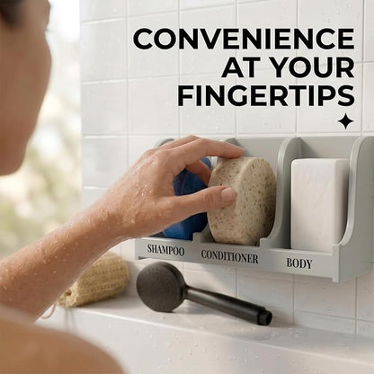 Soap Holder for Shower Wall, 3-Compartment Soap Dish for Shampoo, Conditioner and Body Soap, Fast Draining & Rust-Proof & Heavy Duty, Ultra-Strong Self Adhesive & Freestanding (Grey, Label)