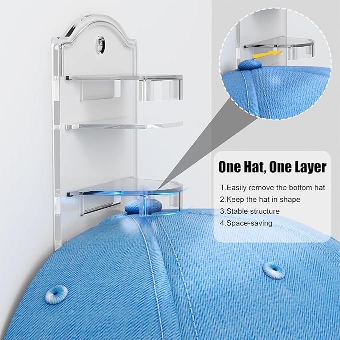 Hat Organizer for Baseball Caps on the Wall, Adhesive Hat Storage Rack, Ball Cap Hooks Display, Vertical Hat Hanger Holder for Door and Closet, Hold Up to 10 Hats, Clear, 1 Pack