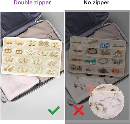 FOREGOER Hanging Jewelry Organizer with 88 Zippered Pockets, Dustproof Foldable for Travel, Accessories Organizer for Holding Jewelries Earring Organizers and Storage (Beige)