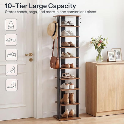 HOOBRO 10 Tiers Vertical Shoe Rack, Wooden Shoe Storage Organizer with Hooks, Narrow Shoe Tower for 10 Pairs, Space Saving, for Entryway, Living Room, Bedroom, Rustic Brown BF141XJ01