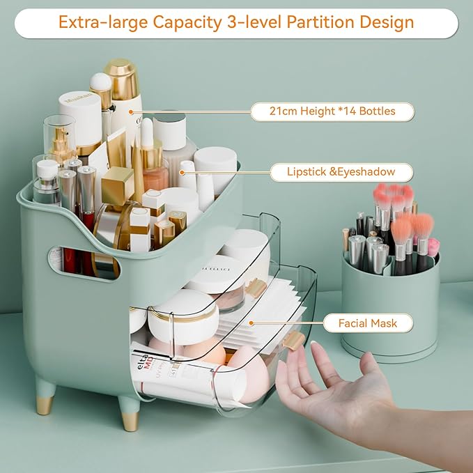 Yieach Green Make up Organizers for Counter,Vanity and Dresser,Bathroom Makeup Organizer Countertop,Large Makeup Storage Organizer for Hair Tool,Beauty Products,Skin Care and Cosmetic Display Cases