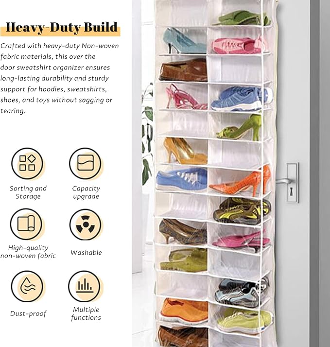 Over the Door Sweatshirt Organizer Hanging Clear Door Shoe Organizer with 26 Pocket Foldable Heavy Duty Toy Storage for Home